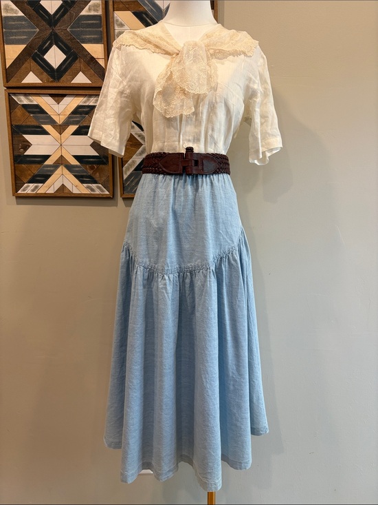 Vintage Dresses & Skirts - Vintage Indygo Light Blue Tiered Cotton Denim Prairie Skirt size Medium *As-Is*